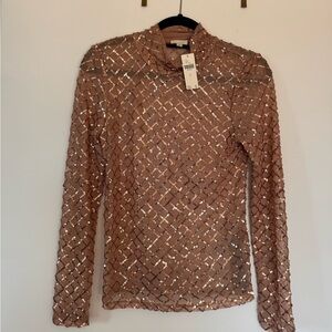 NWT Anthropologie Sequined Mesh Long-Sleeve Top in Blush